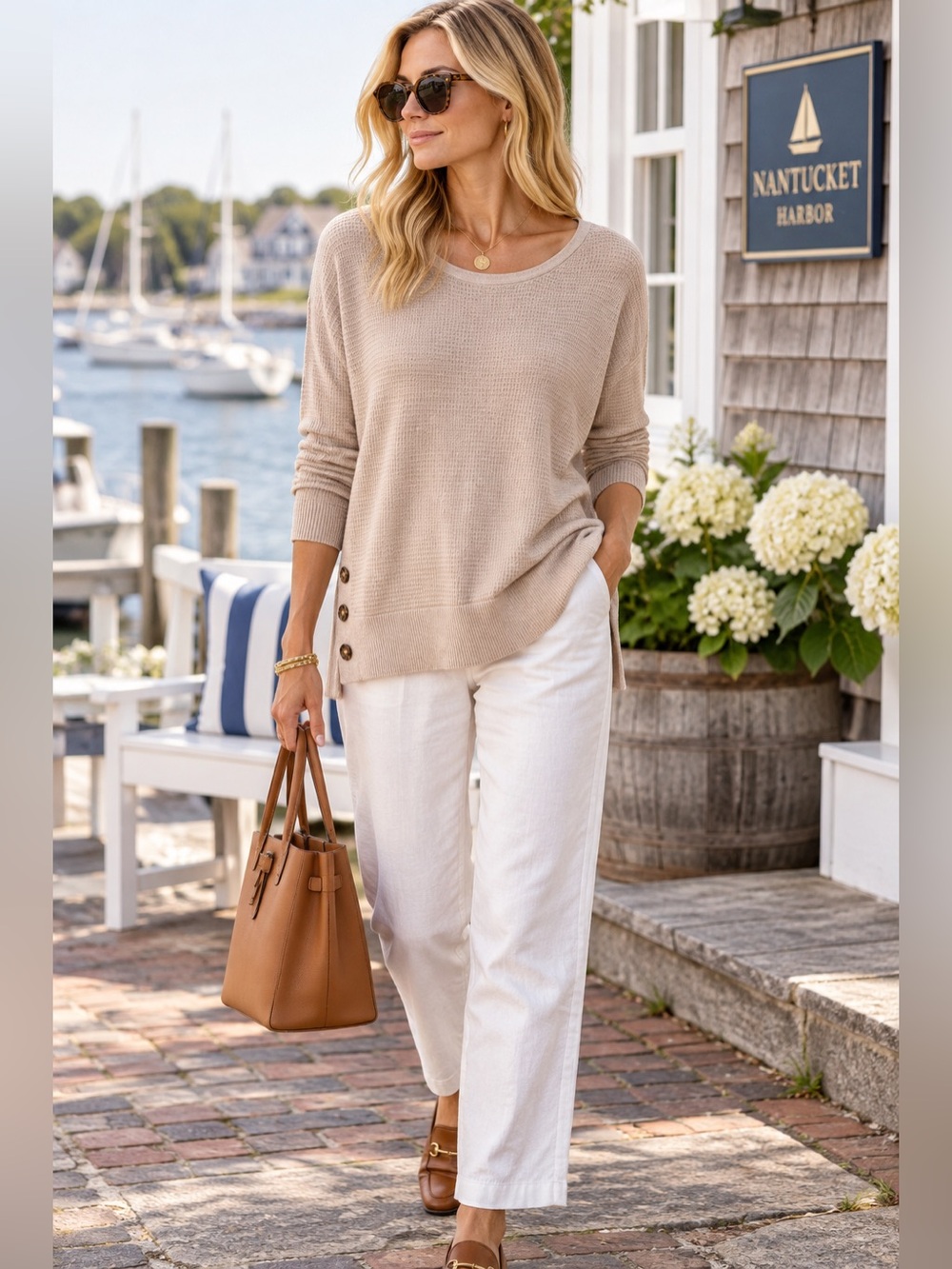 Cynthia Rowley Linen Cotton Sweater M Oatmeal Button Side Coastal